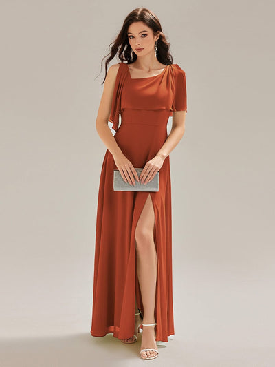Thigh-High Slit Chiffon Sleeveless Bridesmaid Dress #color_Burnt Orange