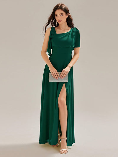 Thigh-High Slit Chiffon Sleeveless Bridesmaid Dress #color_Dark Green