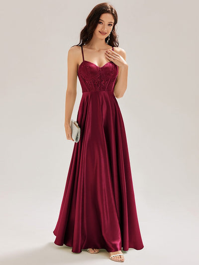 Patchwork Satin Sleeveless Bridesmaid Dress #color_Burgundy