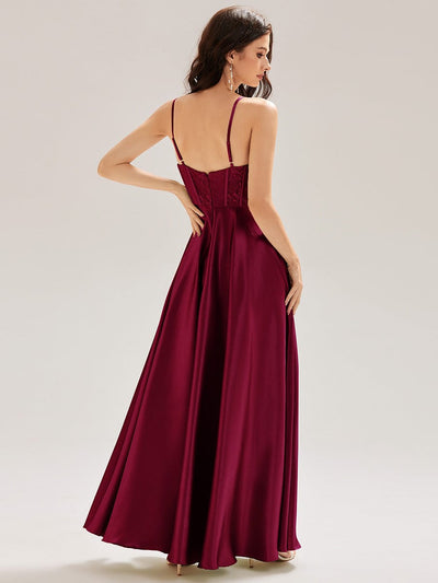 Patchwork Satin Sleeveless Bridesmaid Dress #color_Burgundy