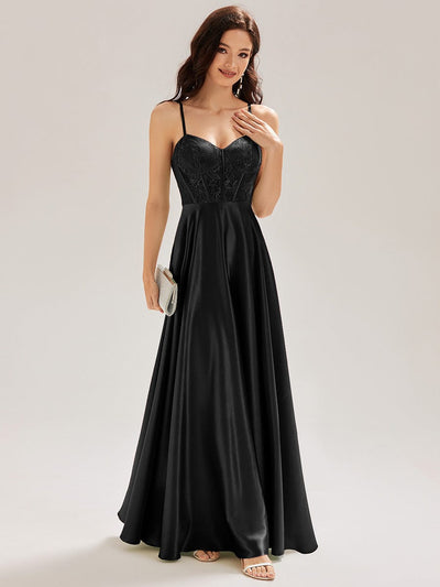 Patchwork Satin Sleeveless Bridesmaid Dress #color_Black