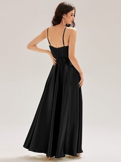 Patchwork Satin Sleeveless Bridesmaid Dress #color_Black