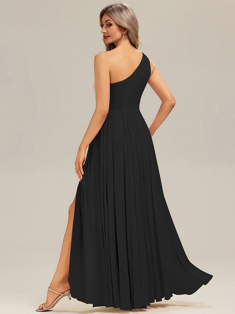Thigh-High Slit Chiffon Sleeveless Bridesmaid Dress #color_Black