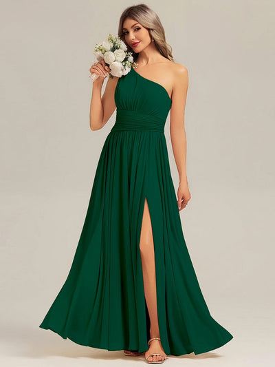 Thigh-High Slit Chiffon Sleeveless Bridesmaid Dress #color_Dark Green