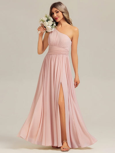 Thigh-High Slit Chiffon Sleeveless Bridesmaid Dress #color_Pink