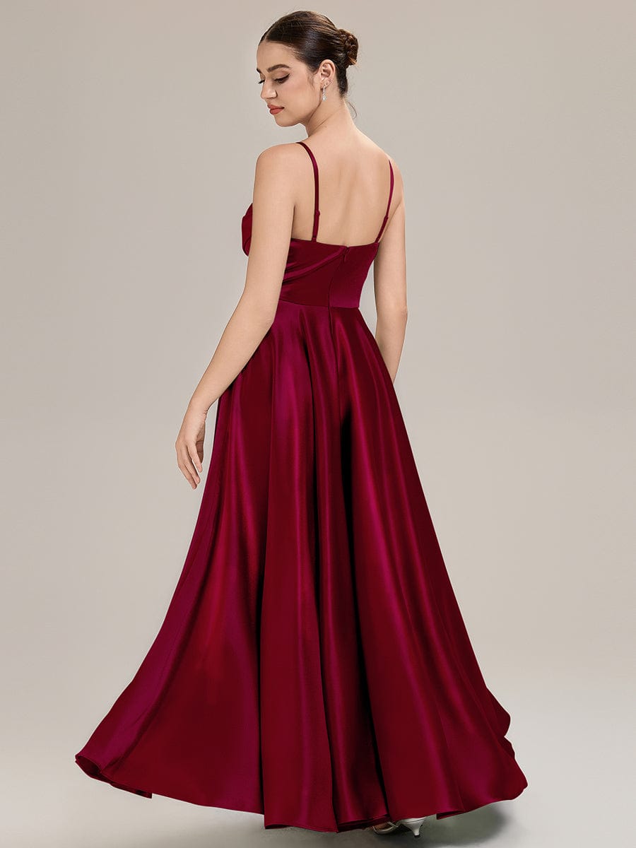 Rhinestone Embellished Satin Sleeveless Bridesmaid Dress #color_Burgundy