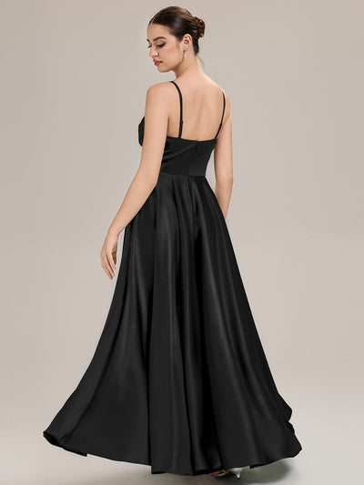 Rhinestone Embellished Satin Sleeveless Bridesmaid Dress #color_Black