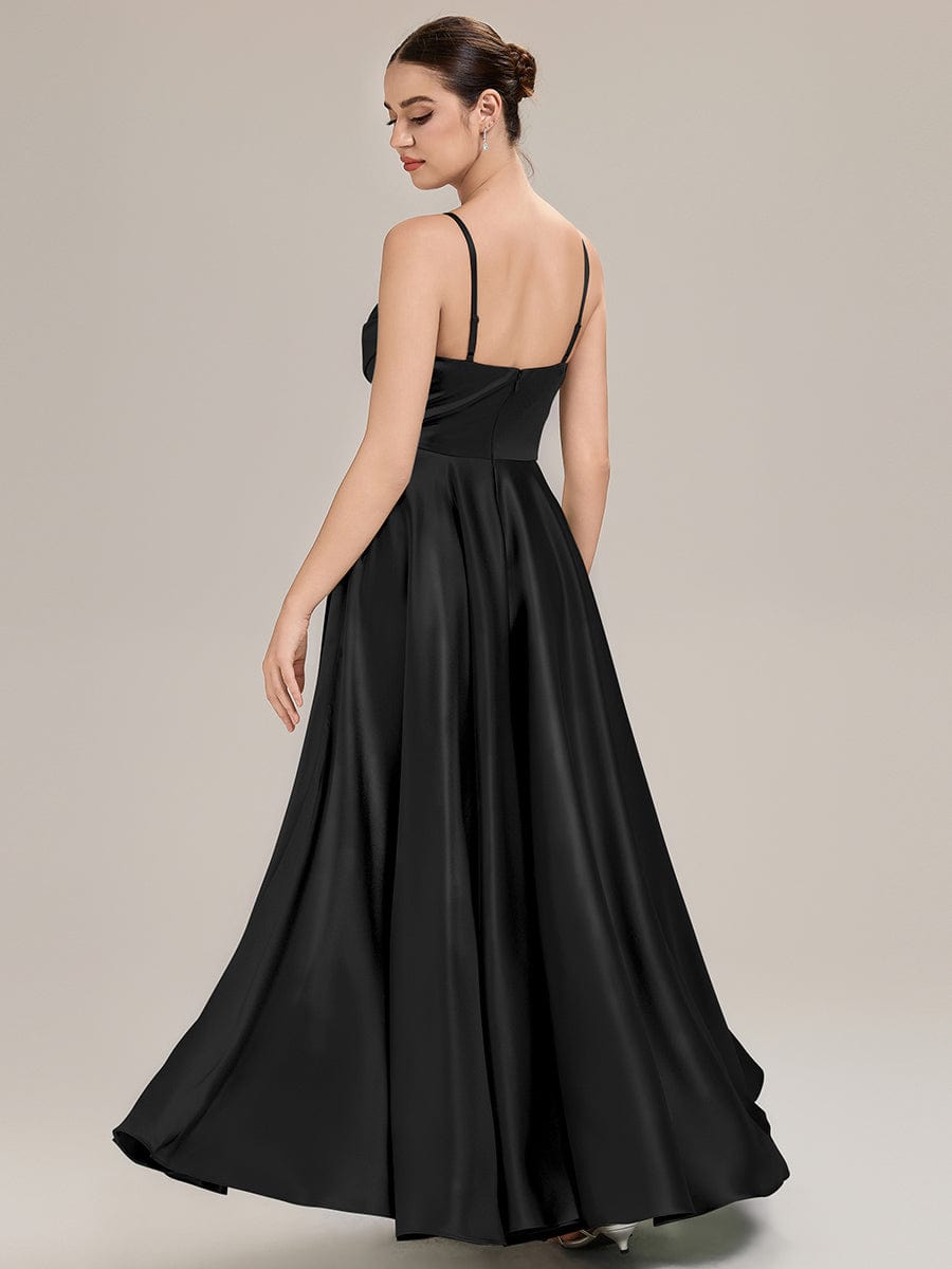Rhinestone Embellished Satin Sleeveless Bridesmaid Dress #color_Black