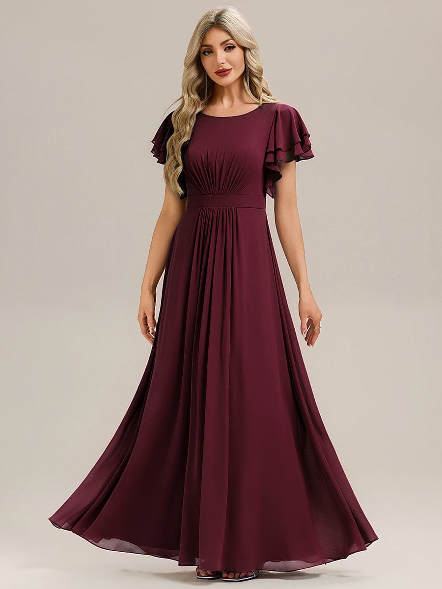 Gathered Chiffon Ruffle Sleeve Bridesmaid Dress #color_Burgundy