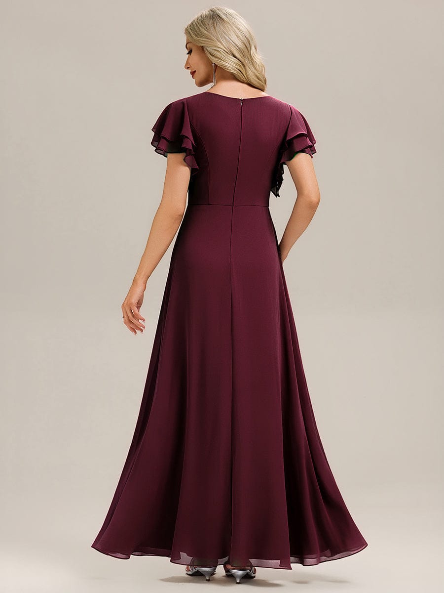 Gathered Chiffon Ruffle Sleeve Bridesmaid Dress #color_Burgundy