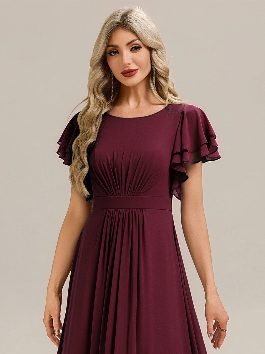 Gathered Chiffon Ruffle Sleeve Bridesmaid Dress #color_Burgundy