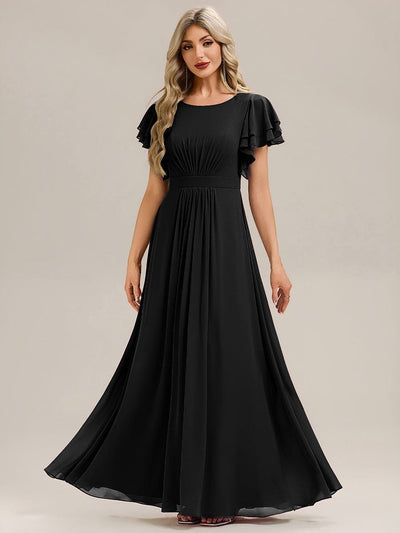 Gathered Chiffon Ruffle Sleeve Bridesmaid Dress #color_Black