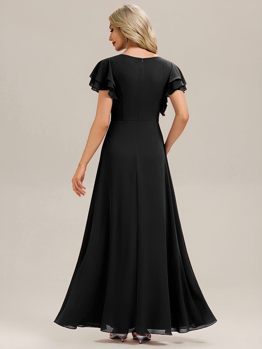 Gathered Chiffon Ruffle Sleeve Bridesmaid Dress #color_Black