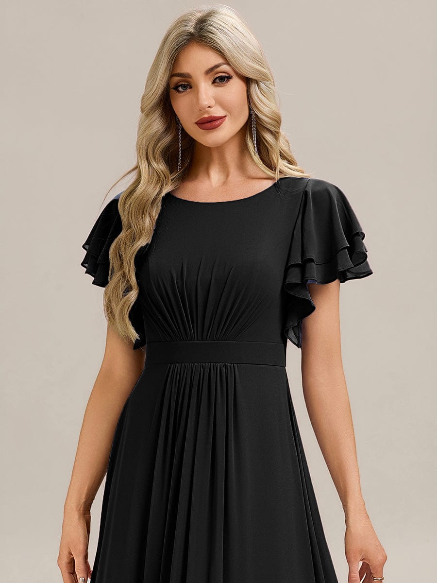 Gathered Chiffon Ruffle Sleeve Bridesmaid Dress #color_Black