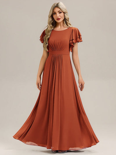 Gathered Chiffon Ruffle Sleeve Bridesmaid Dress #color_Burnt Orange