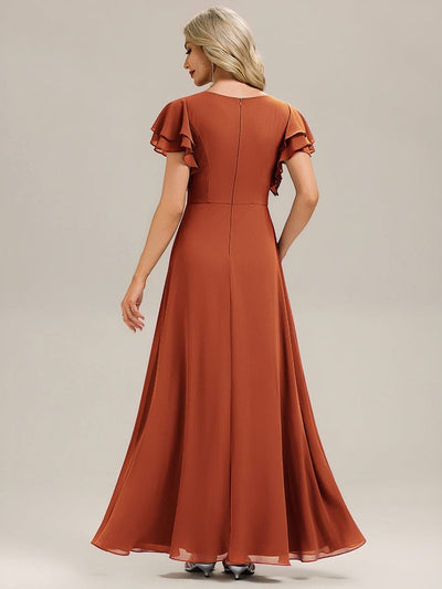 Gathered Chiffon Ruffle Sleeve Bridesmaid Dress #color_Burnt Orange
