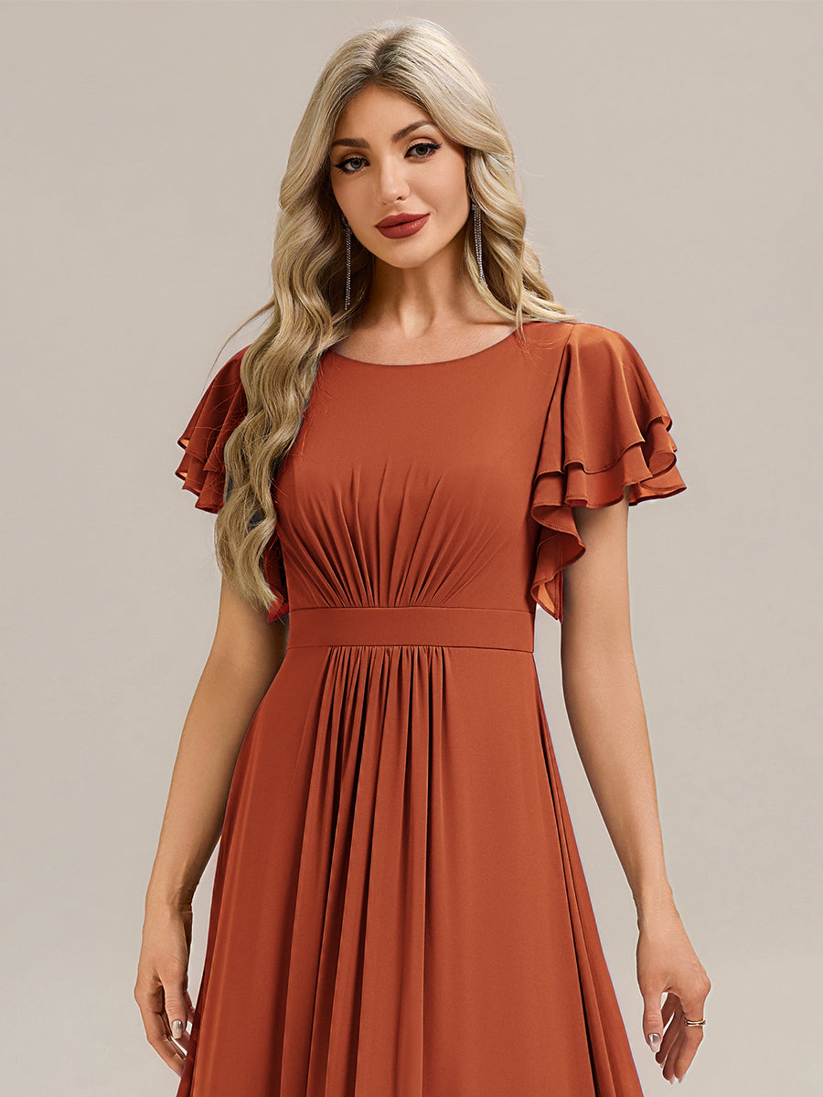 Gathered Chiffon Ruffle Sleeve Bridesmaid Dress #color_Burnt Orange