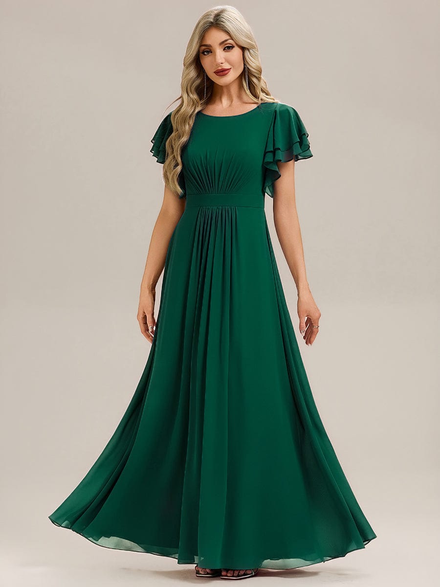 Gathered Chiffon Ruffle Sleeve Bridesmaid Dress #color_Dark Green