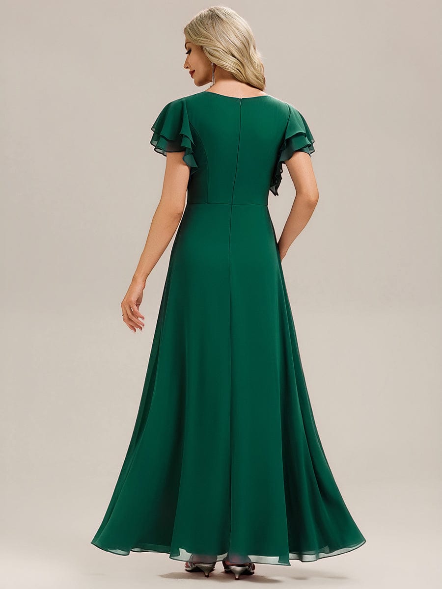 Gathered Chiffon Ruffle Sleeve Bridesmaid Dress #color_Dark Green