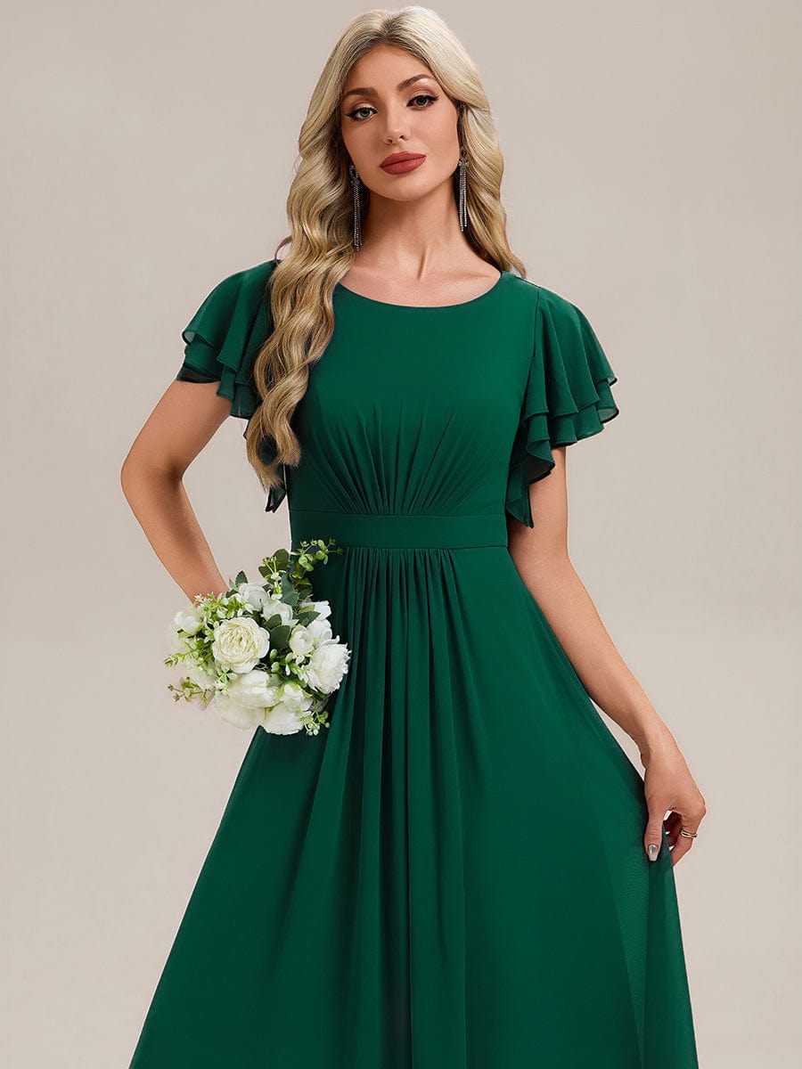 Gathered Chiffon Ruffle Sleeve Bridesmaid Dress #color_Dark Green