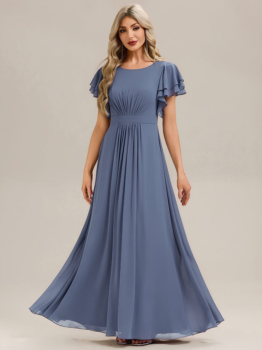Gathered Chiffon Ruffle Sleeve Bridesmaid Dress #color_Dusty Blue
