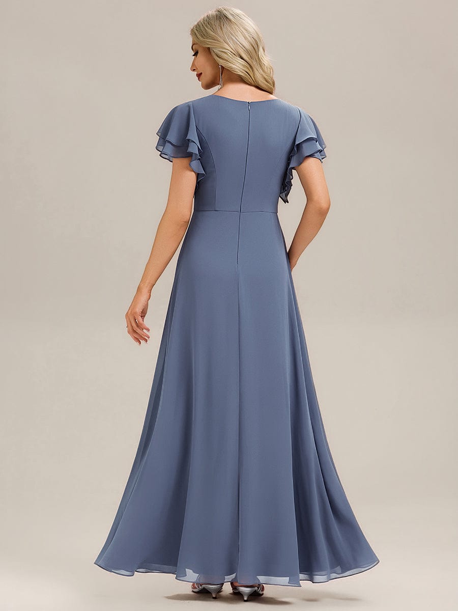 Gathered Chiffon Ruffle Sleeve Bridesmaid Dress #color_Dusty Blue