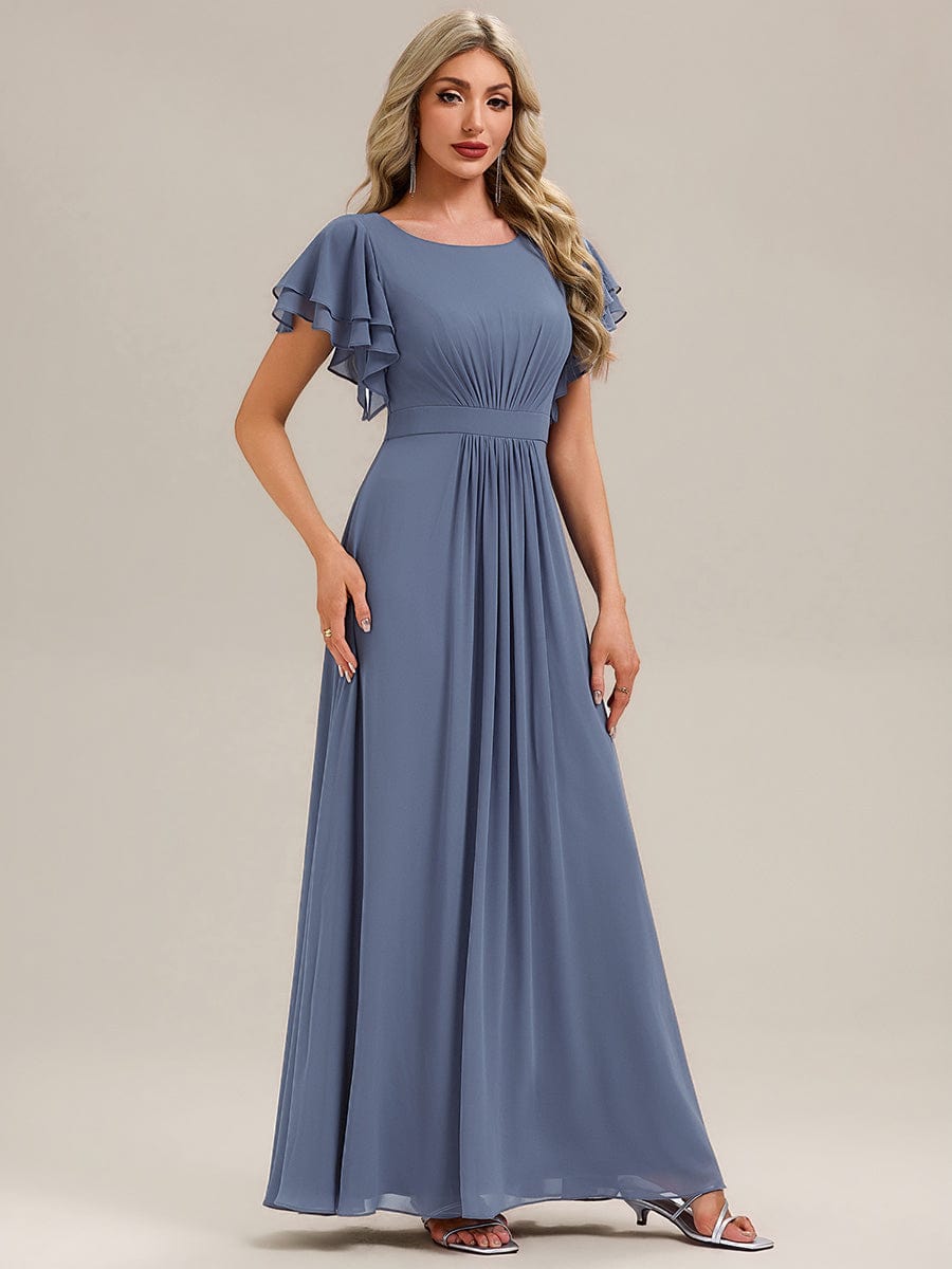 Gathered Chiffon Ruffle Sleeve Bridesmaid Dress #color_Dusty Blue