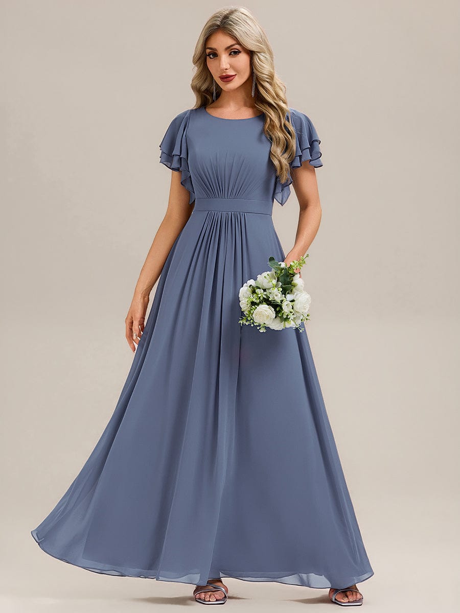 Gathered Chiffon Ruffle Sleeve Bridesmaid Dress #color_Dusty Blue