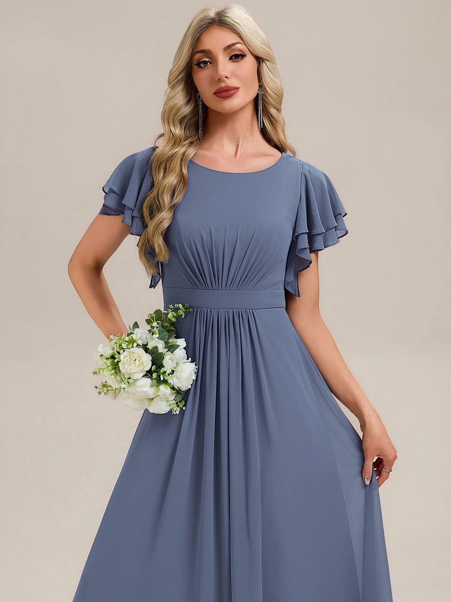 Gathered Chiffon Ruffle Sleeve Bridesmaid Dress #color_Dusty Blue