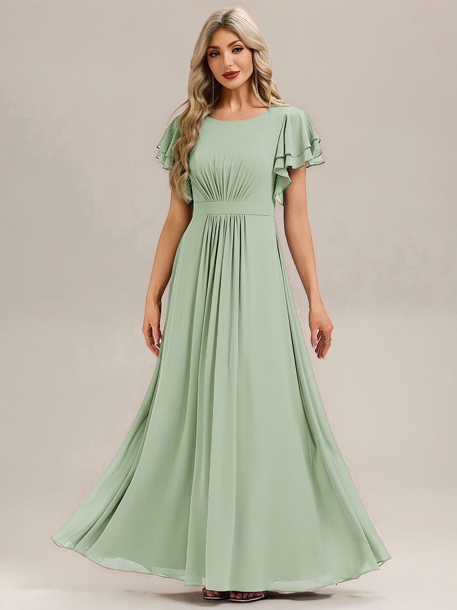 Gathered Chiffon Ruffle Sleeve Bridesmaid Dress #color_Mint Green