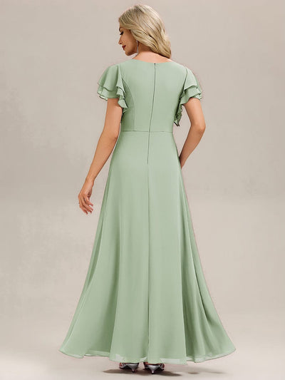 Gathered Chiffon Ruffle Sleeve Bridesmaid Dress #color_Mint Green
