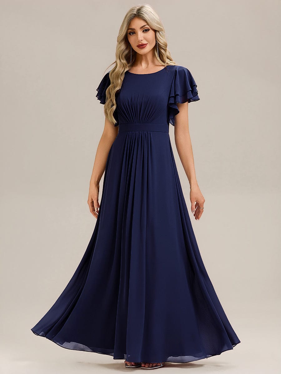 Gathered Chiffon Ruffle Sleeve Bridesmaid Dress #color_Navy Blue