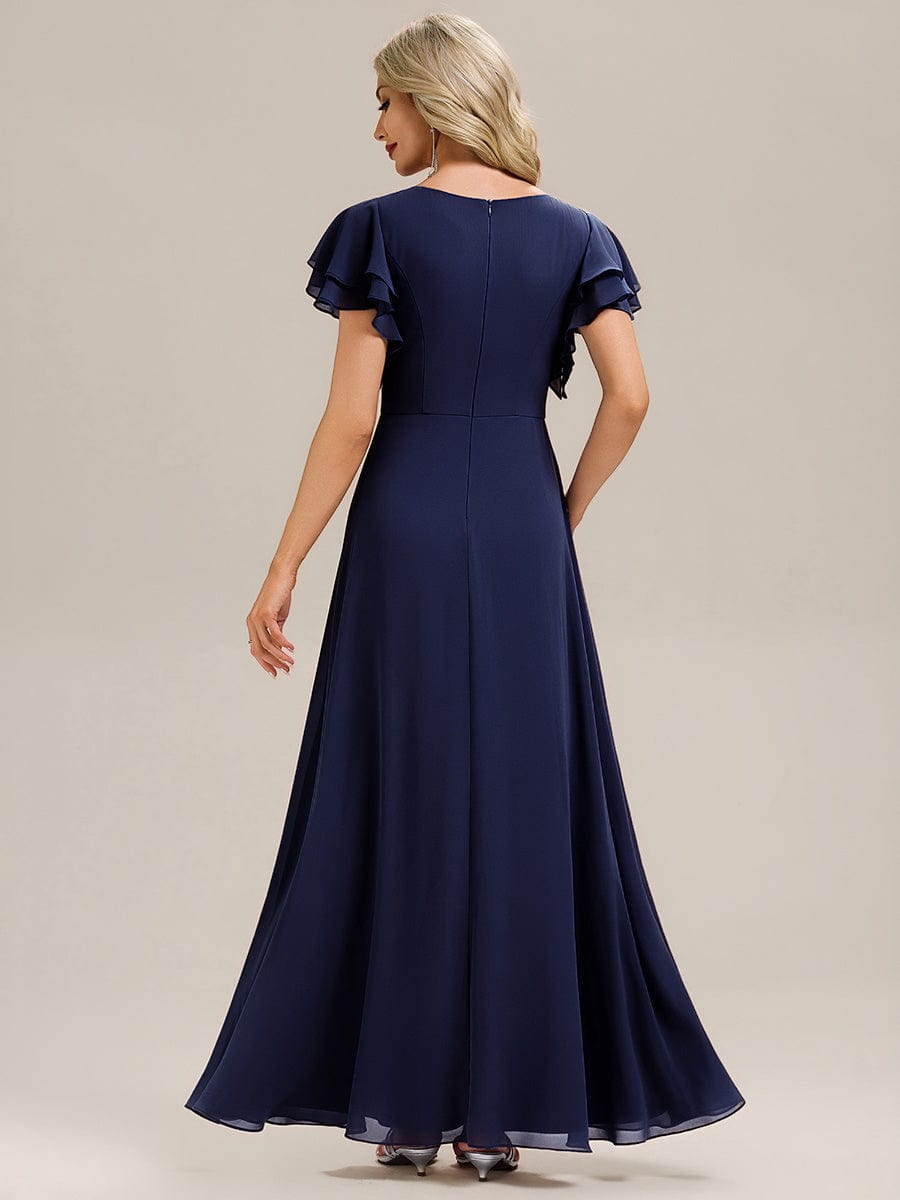 Gathered Chiffon Ruffle Sleeve Bridesmaid Dress #color_Navy Blue