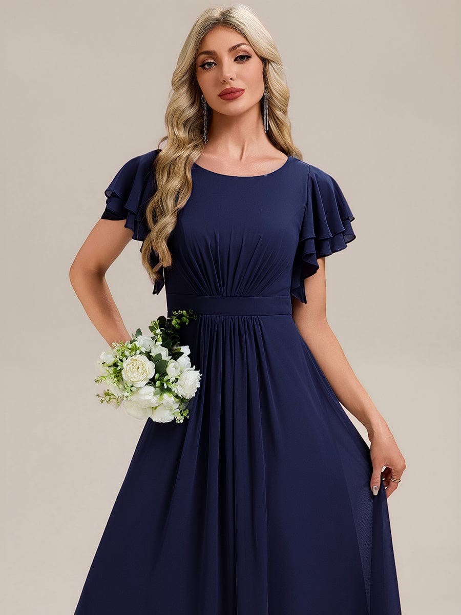 Gathered Chiffon Ruffle Sleeve Bridesmaid Dress #color_Navy Blue