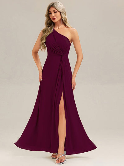 Gathered Chiffon Sleeveless Bridesmaid Dress #color_Burgundy