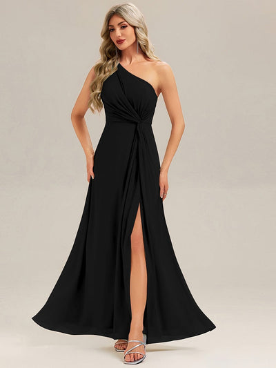 Gathered Chiffon Sleeveless Bridesmaid Dress #color_Black