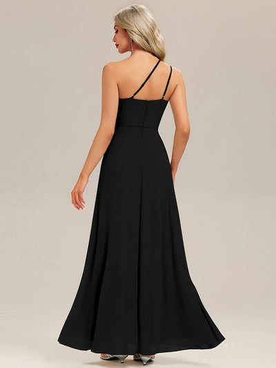 Gathered Chiffon Sleeveless Bridesmaid Dress #color_Black
