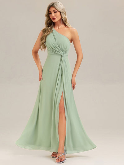 Gathered Chiffon Sleeveless Bridesmaid Dress #color_Mint Green