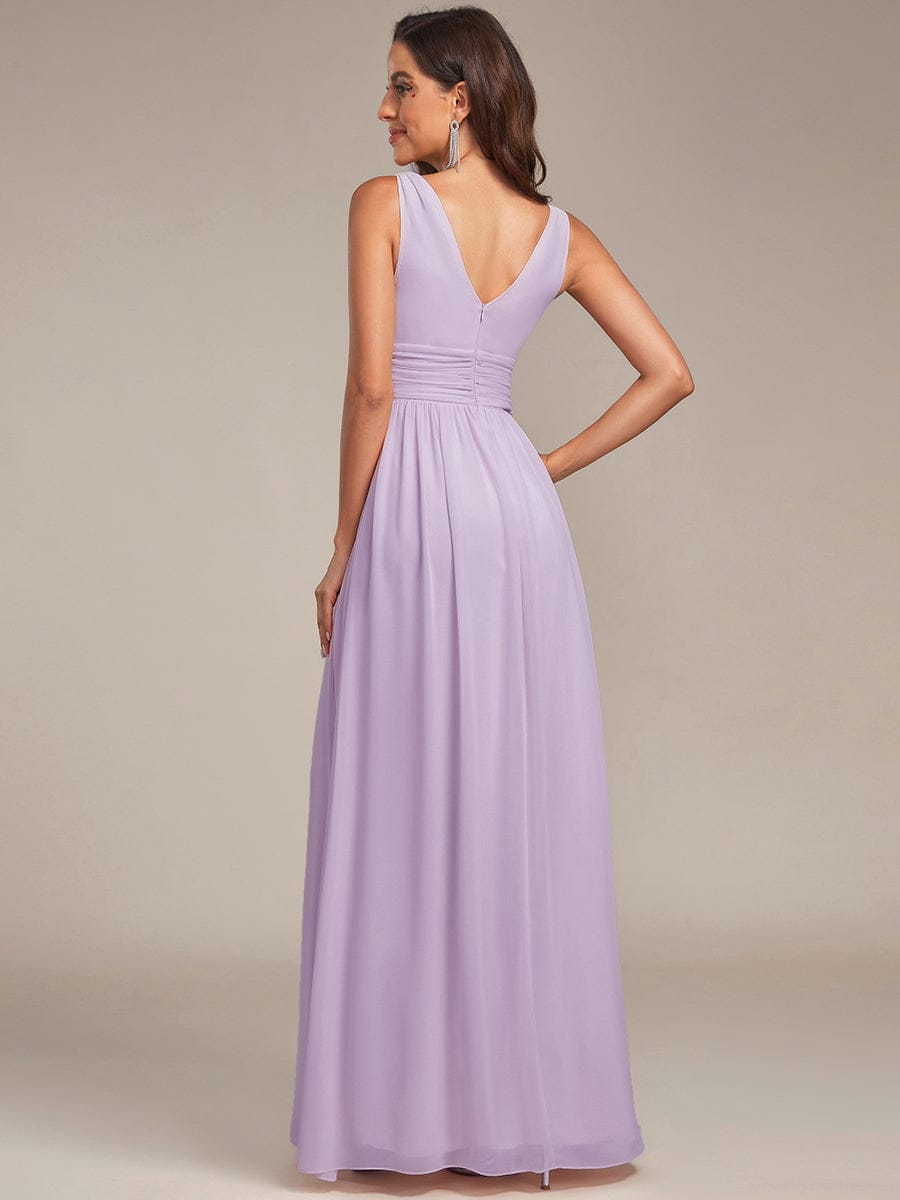 V Neck Sleeveless Pleated Chiffon Maxi Evening Dress #color_Frosted Lilac
