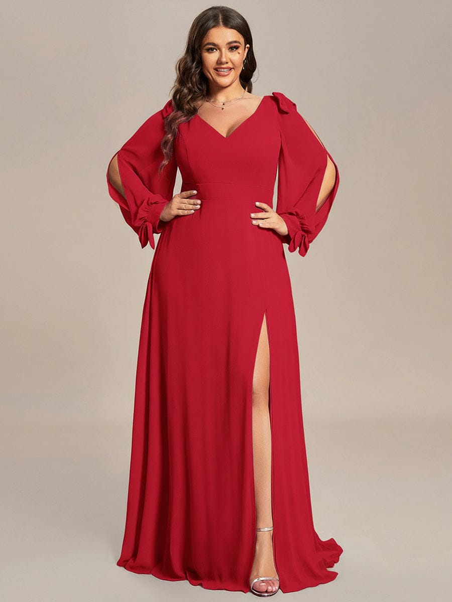 Gentle Split Sleeve Low Back Thigh Slit Bridesmaid Dress #color_Red