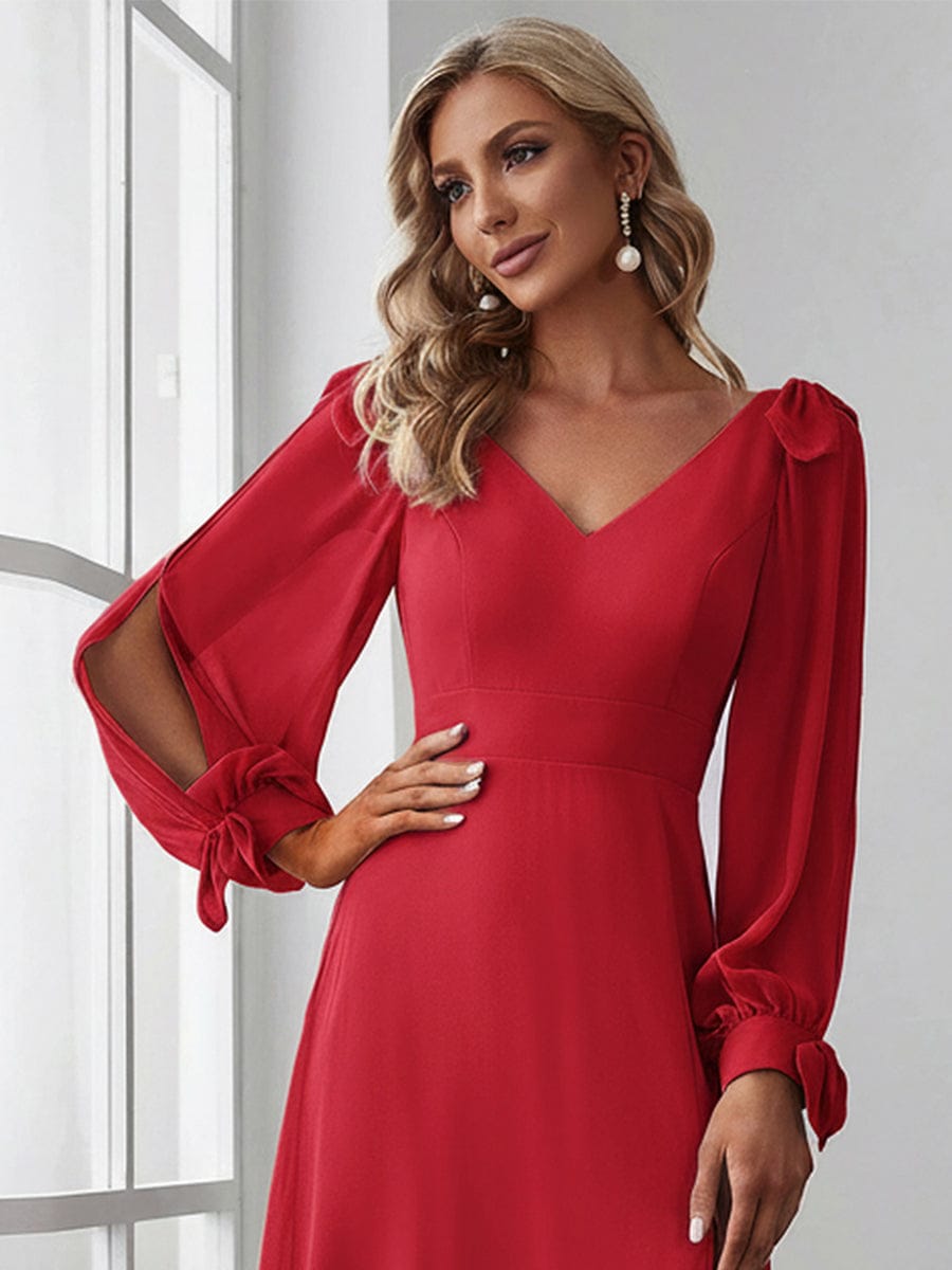 Gentle Split Sleeve Low Back Thigh Slit Bridesmaid Dress #color_Red