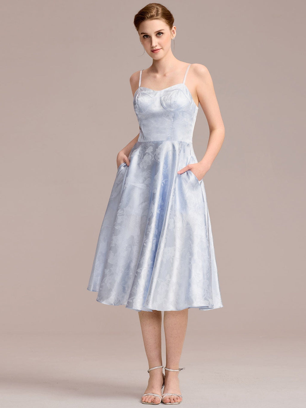 Floral Satin Midi Wedding Guest Dress with Pockets