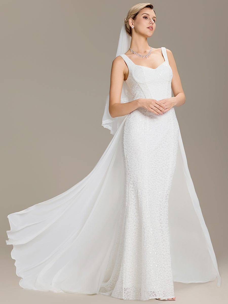 Sweetheart Neck Fishtail Sequin Backless Wedding Dresses #color_White