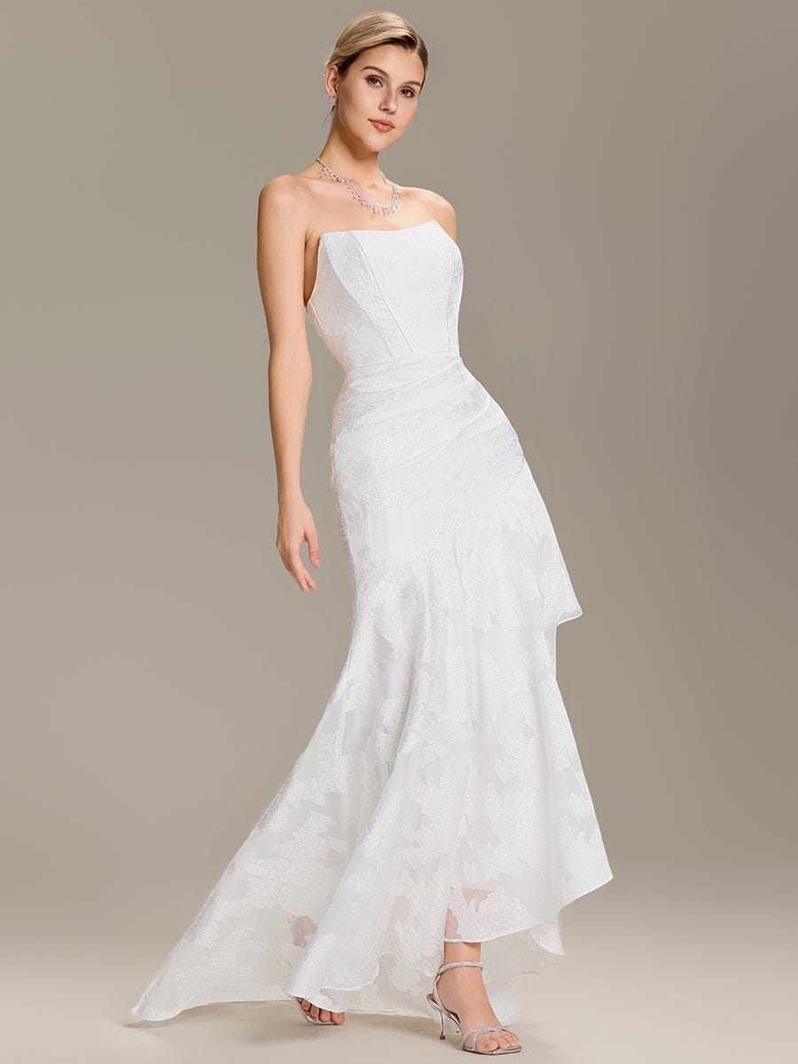 Strapless Cold Shoulder Fishtail Jacquard Wedding Dress #color_White