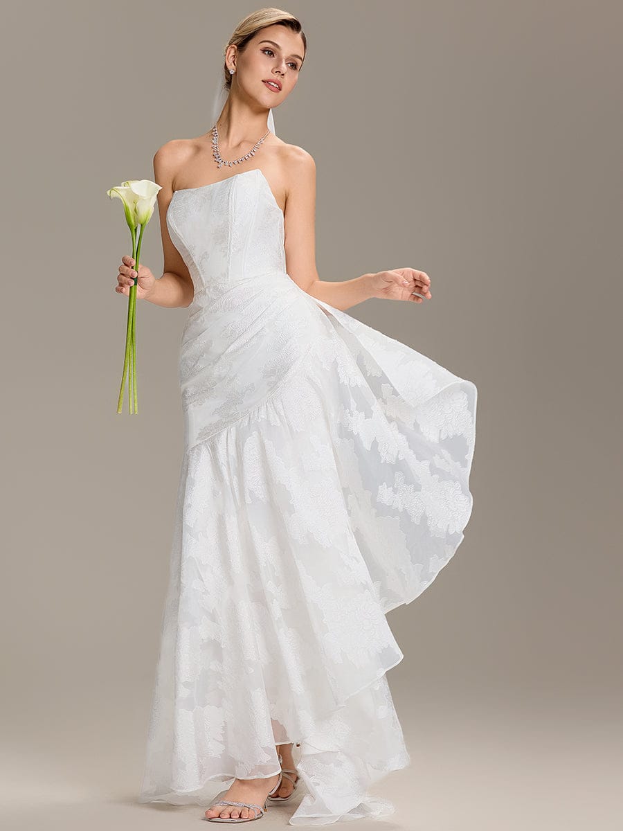 Strapless Cold Shoulder Fishtail Jacquard Wedding Dress #color_White