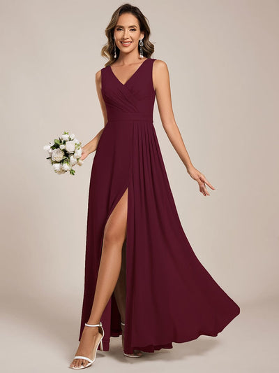 Elegant Side Slit Bridesmaid Dress #color_Burgundy