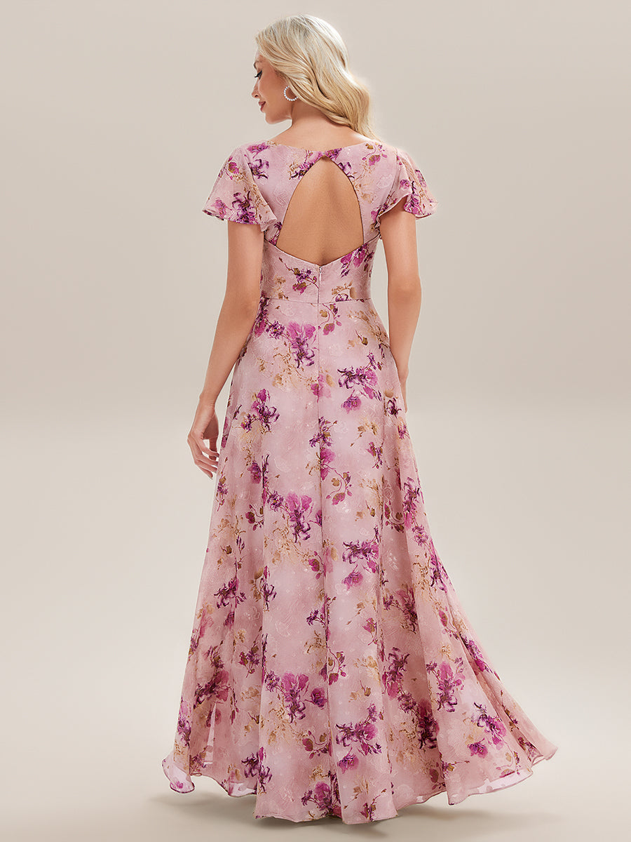 V-Neck Ruffle Sleeve Chiffon Bridesmaid Dress #color_Light Purple Print