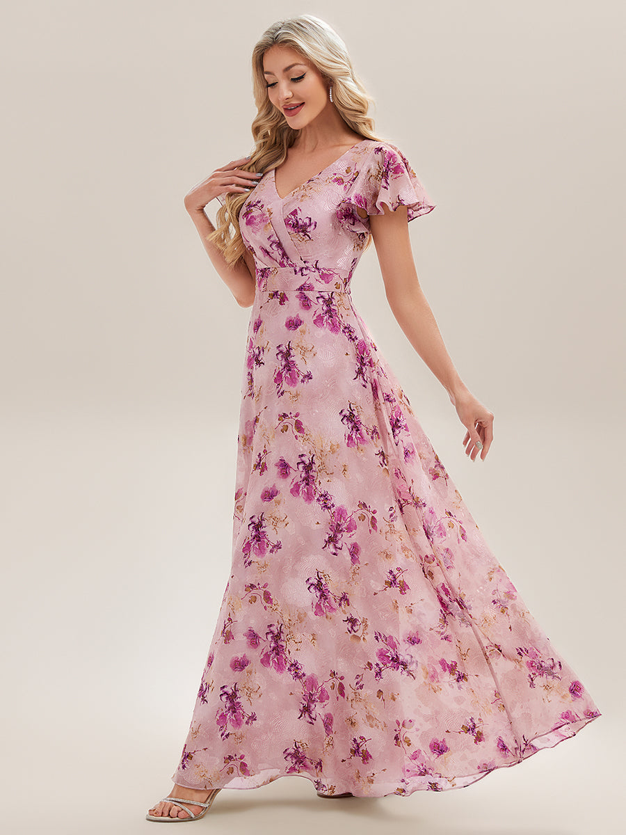 V-Neck Ruffle Sleeve Chiffon Bridesmaid Dress #color_Light Purple Print