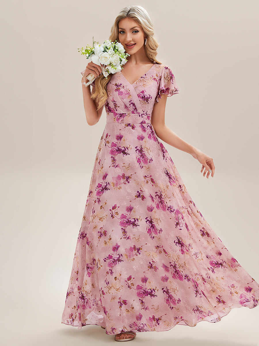 V-Neck Ruffle Sleeve Chiffon Bridesmaid Dress #color_Light Purple Print