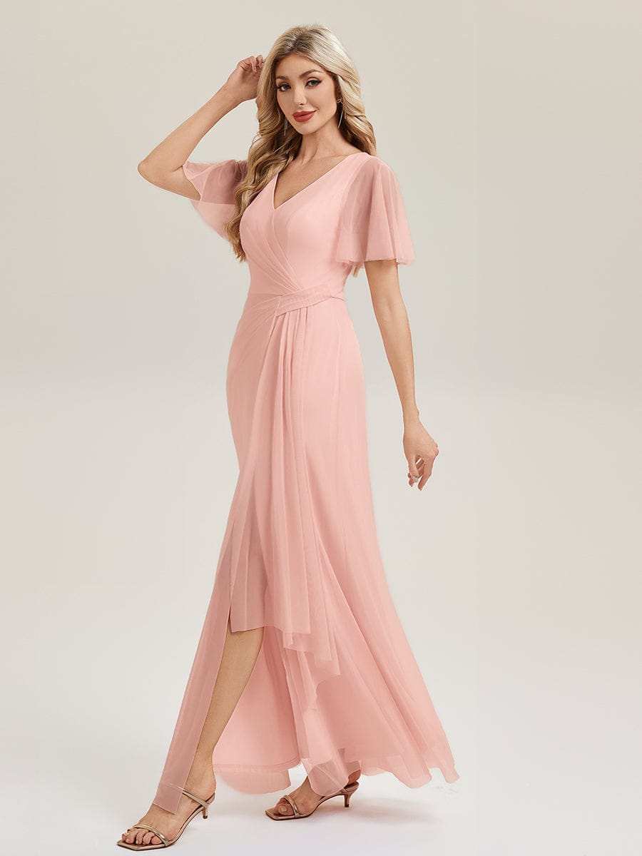 Flowing Ribbon Side Slit Bridesmaid Dress #color_Pink